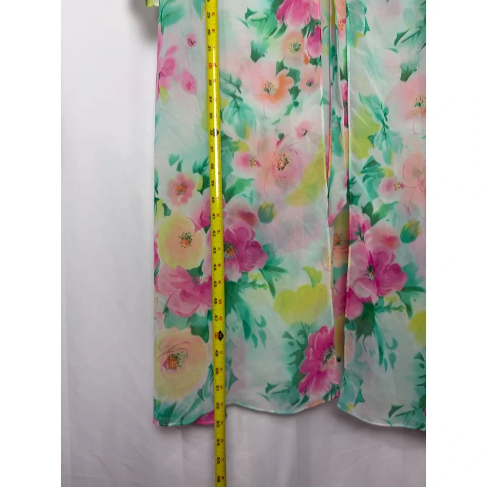 Delicates Vintage Floral Maxi Robe Sheer Chiffon Satin Tie Front Pink XL/XG Soft